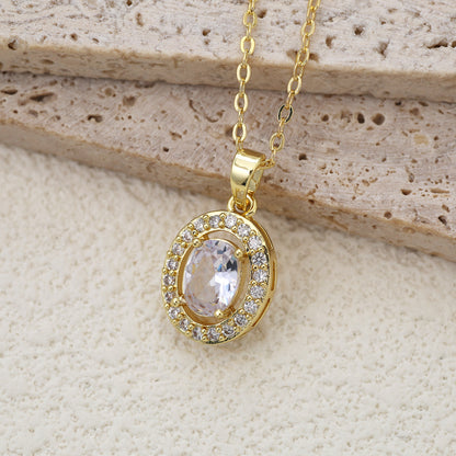 Oval Pendant Necklace For Women In Brass With 18K Real Gold Plated Finish Featuring Zircon On Cable Chain