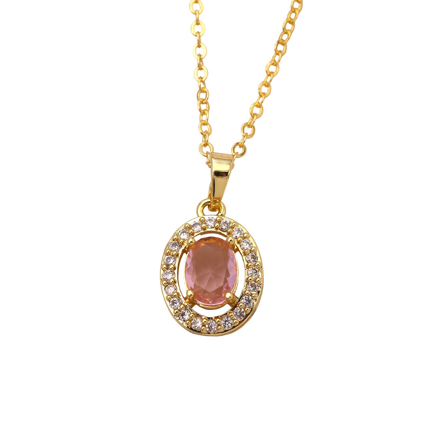 Oval Pendant Necklace For Women In Brass With 18K Real Gold Plated Finish Featuring Zircon On Cable Chain