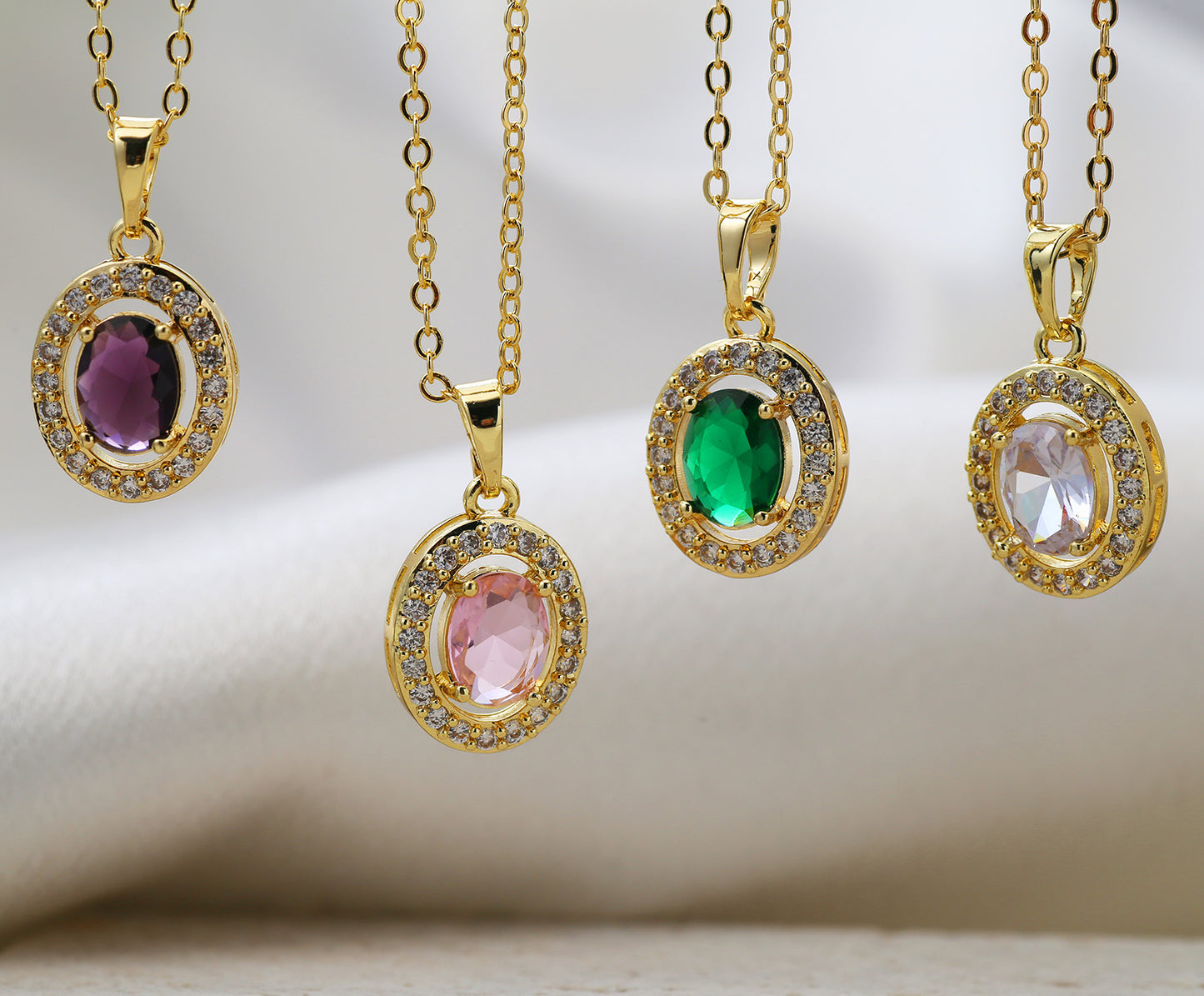 Oval Pendant Necklace For Women In Brass With 18K Real Gold Plated Finish Featuring Zircon On Cable Chain
