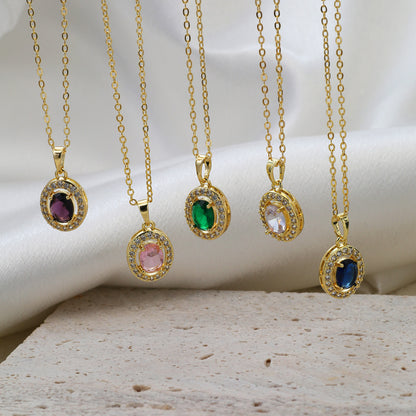 Oval Pendant Necklace For Women In Brass With 18K Real Gold Plated Finish Featuring Zircon On Cable Chain