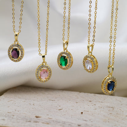 Oval Pendant Necklace For Women In Brass With 18K Real Gold Plated Finish Featuring Zircon On Cable Chain