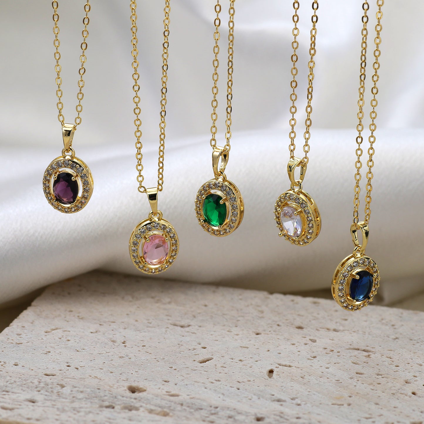Oval Pendant Necklace For Women In Brass With 18K Real Gold Plated Finish Featuring Zircon On Cable Chain
