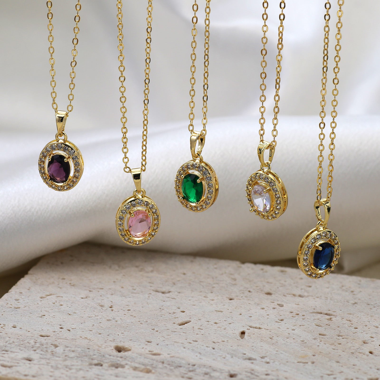 Oval Pendant Necklace For Women In Brass With 18K Real Gold Plated Finish Featuring Zircon On Cable Chain