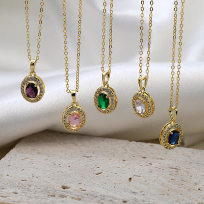 Oval Pendant Necklace For Women In Brass With 18K Real Gold Plated Finish Featuring Zircon On Cable Chain