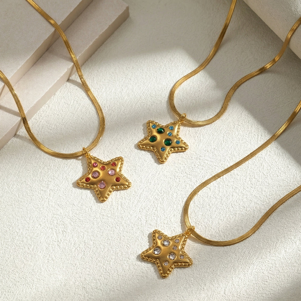 Pentagram Pendant Necklace For Women In IG Style, 201 Stainless Steel With 18K Real Gold Plated And Rhinestones On Snake Chain