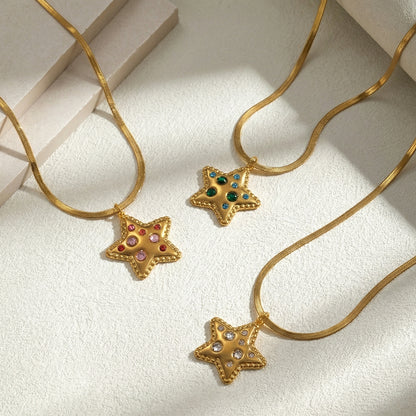 Pentagram Pendant Necklace For Women In IG Style, 201 Stainless Steel With 18K Real Gold Plated And Rhinestones On Snake Chain