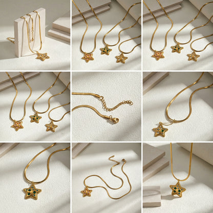 Pentagram Pendant Necklace For Women In IG Style, 201 Stainless Steel With 18K Real Gold Plated And Rhinestones On Snake Chain