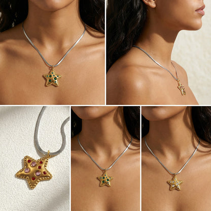 Pentagram Pendant Necklace For Women In IG Style, 201 Stainless Steel With 18K Real Gold Plated And Rhinestones On Snake Chain