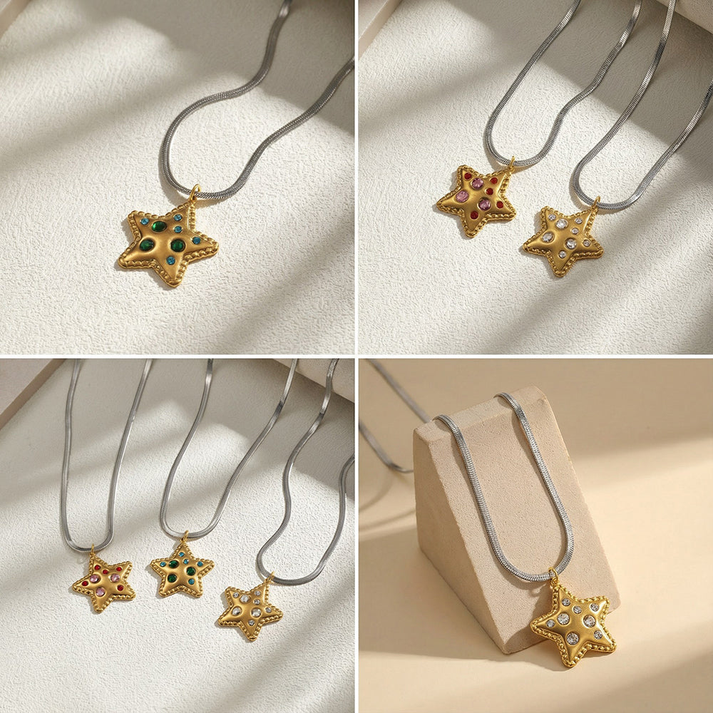 Pentagram Pendant Necklace For Women In IG Style, 201 Stainless Steel With 18K Real Gold Plated And Rhinestones On Snake Chain