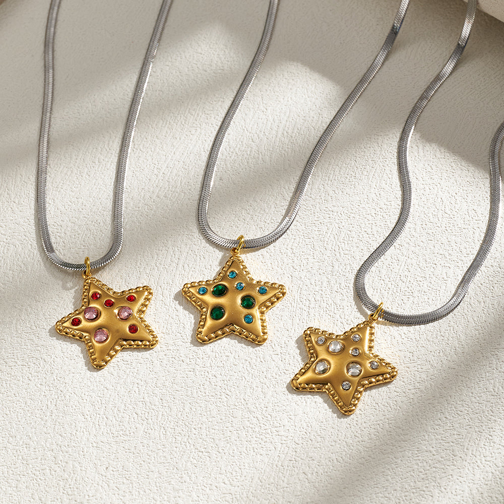 Pentagram Pendant Necklace For Women In IG Style, 201 Stainless Steel With 18K Real Gold Plated And Rhinestones On Snake Chain