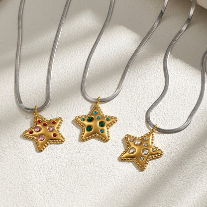 Pentagram Pendant Necklace For Women In IG Style, 201 Stainless Steel With 18K Real Gold Plated And Rhinestones On Snake Chain
