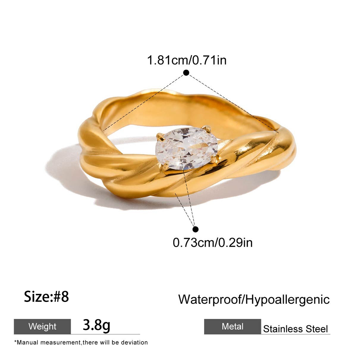 For Women Irregular Rings Made Of 304 Stainless Steel With Electroplated 18K Real Gold Plated And Zircon Inlay