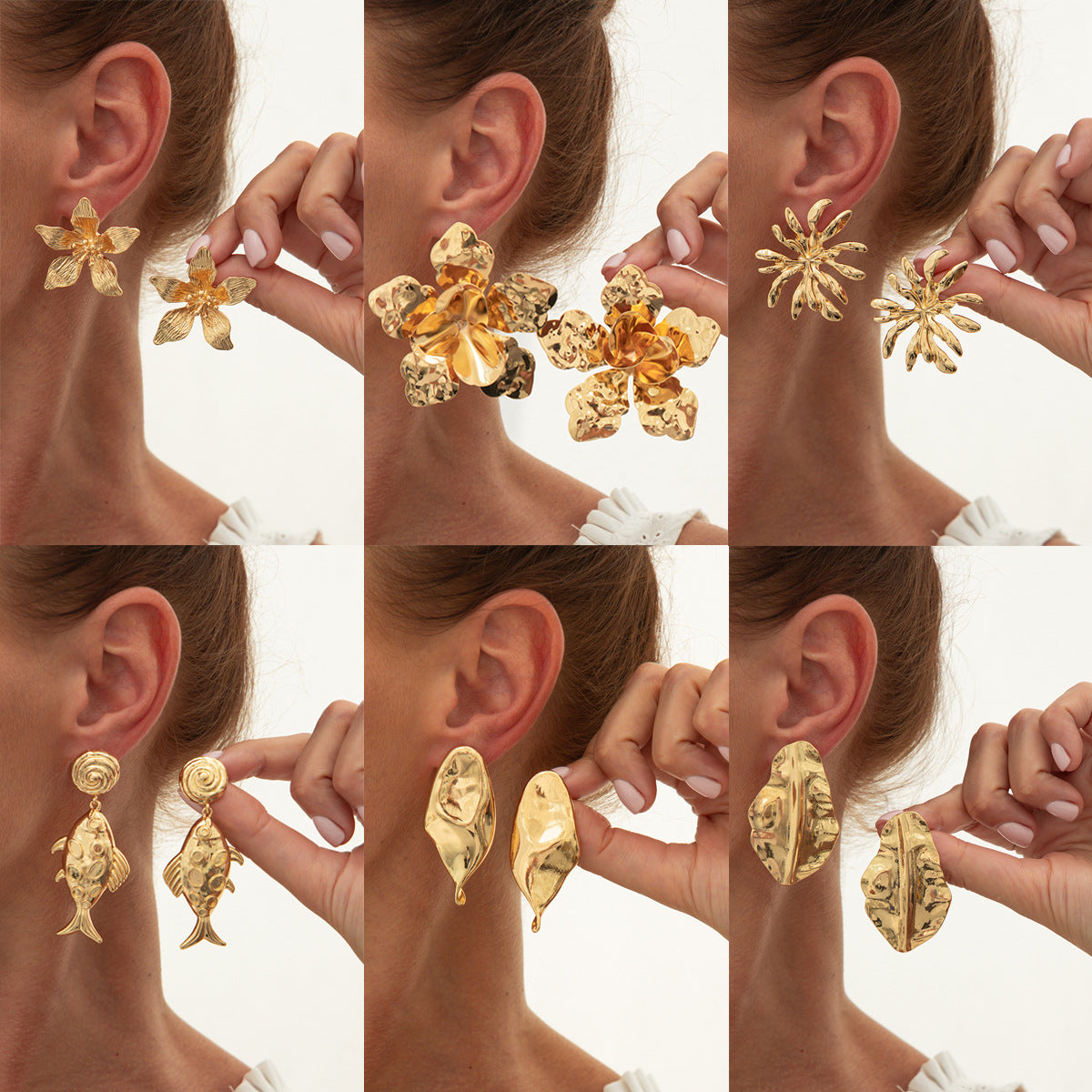 Asymmetrical Flowers Stud Earrings For Women In Zinc Alloy With Golden Plated Electroplated Finish