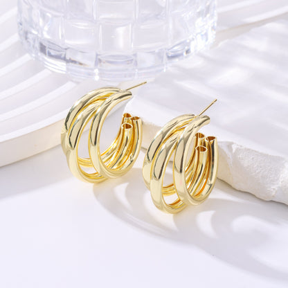 Simple Style Round Earrings For Women In Golden Metal Featuring Electroplated Finish