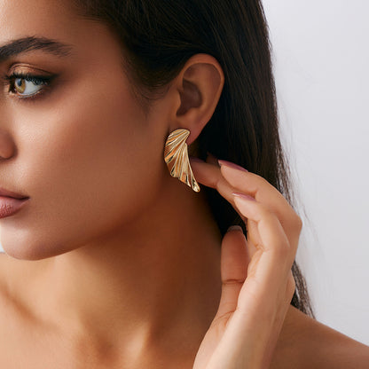 Geometric Twist Stud Earrings For Women In Alloy With Electroplated White K Gold Plated Finish, Golden