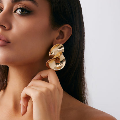 Geometric Twist Stud Earrings For Women In Alloy With Electroplated White K Gold Plated Finish, Golden