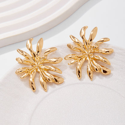 Asymmetrical Flowers Stud Earrings For Women In Zinc Alloy With Golden Plated Electroplated Finish
