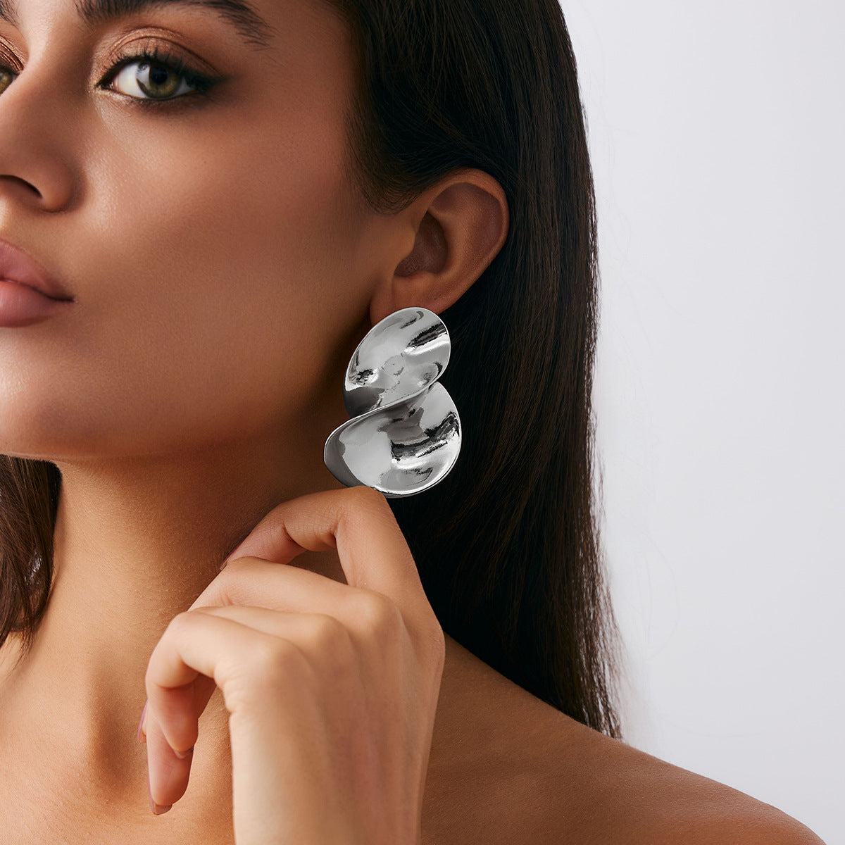 Geometric Twist Stud Earrings For Women In Alloy With Electroplated White K Gold Plated Finish, Golden