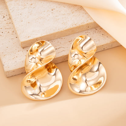 Geometric Twist Stud Earrings For Women In Alloy With Electroplated White K Gold Plated Finish, Golden
