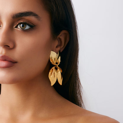 Geometric Twist Stud Earrings For Women In Alloy With Electroplated White K Gold Plated Finish, Golden