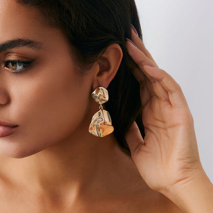 Geometric Twist Stud Earrings For Women In Alloy With Electroplated White K Gold Plated Finish, Golden