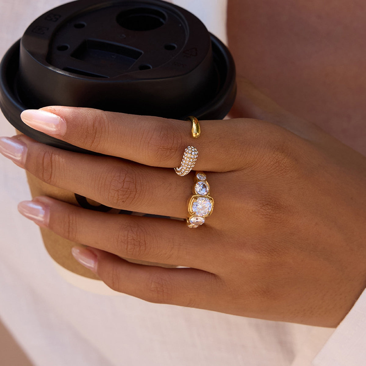 Geometric Rings For Women Made Of 304 Stainless Steel Featuring Electroplated 18K Real Gold Plated With Zircon Inlay