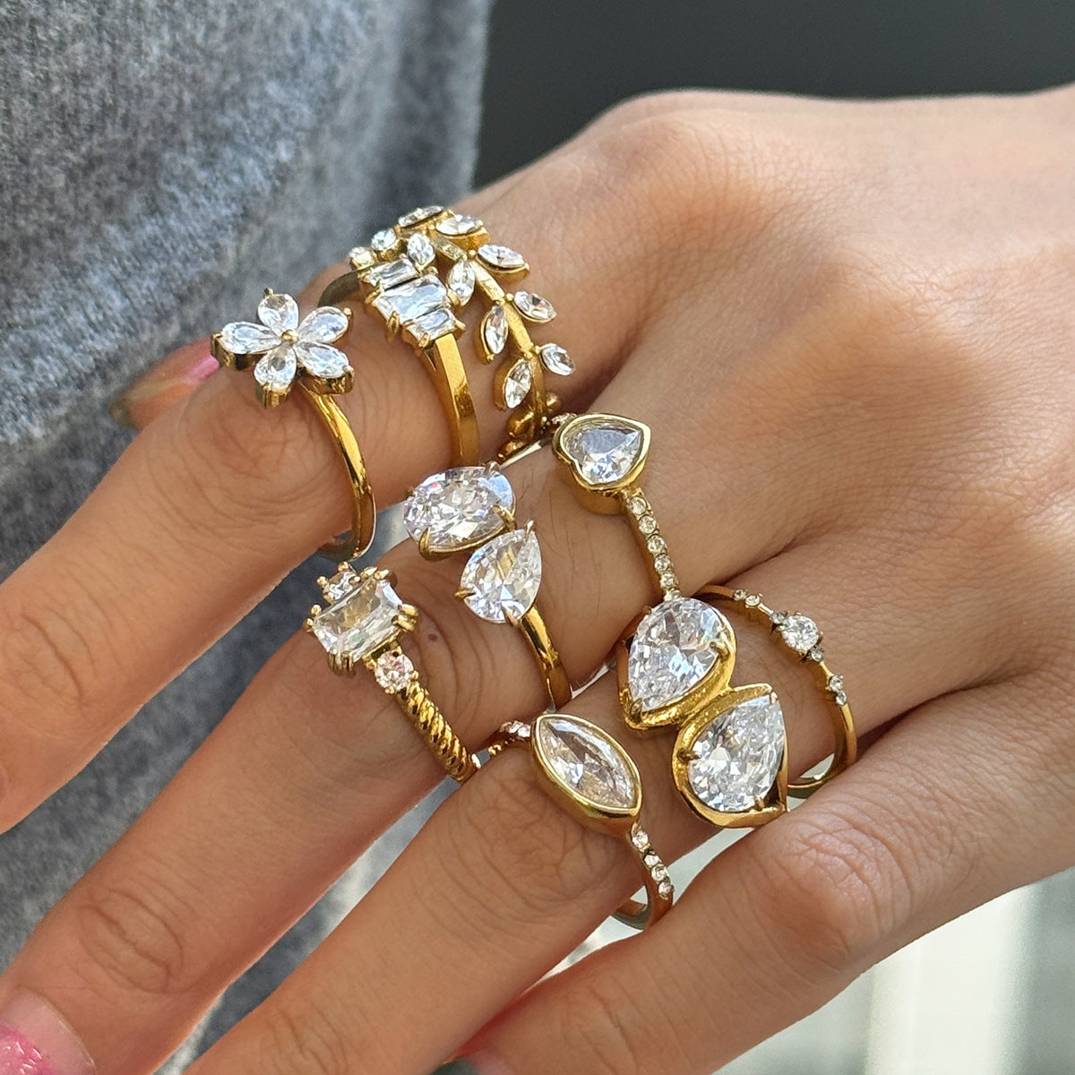 Geometric Rings For Women Made Of 304 Stainless Steel Featuring Electroplated 18K Real Gold Plated With Zircon Inlay