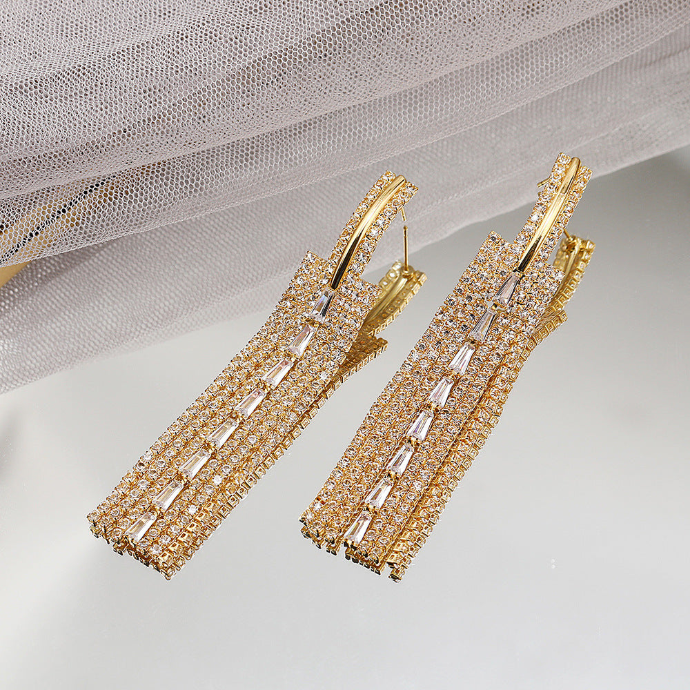 Exaggerated Tassel Earrings For Women Featuring Rhinestones And Zircon Inlay Material