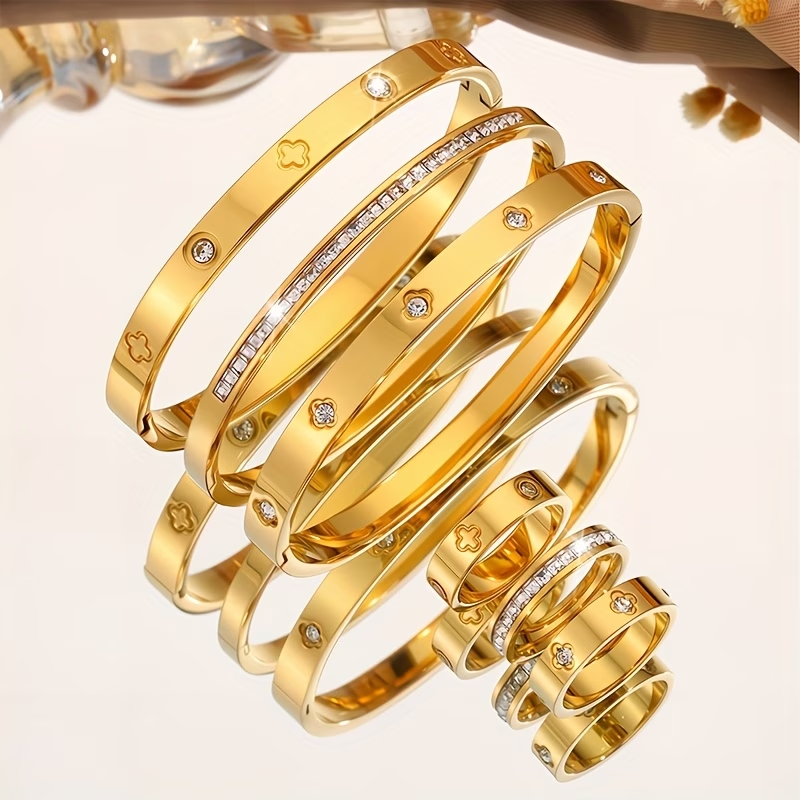 Bohemian Solid Color Bangle For Super Bowl Featuring 304 Stainless Steel With 18K Real Gold Plated And Zircon Inlay