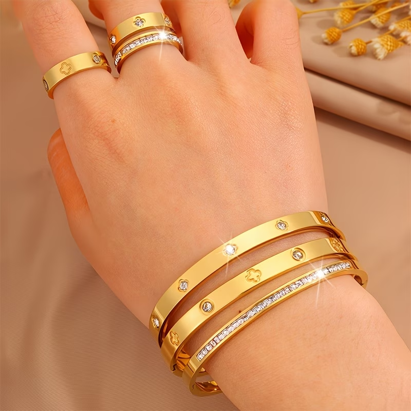 Bohemian Solid Color Bangle For Super Bowl Featuring 304 Stainless Steel With 18K Real Gold Plated And Zircon Inlay