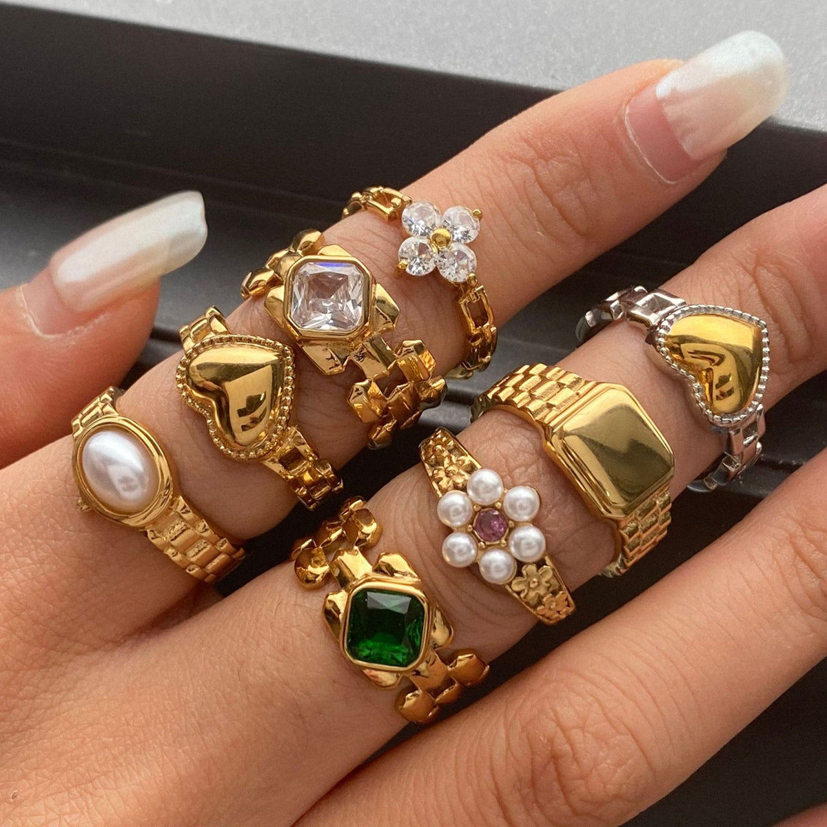Geometric Women's Rings For Valentine's Day In 304 Stainless Steel With 18K Real Gold Plated And Pearl Inlay