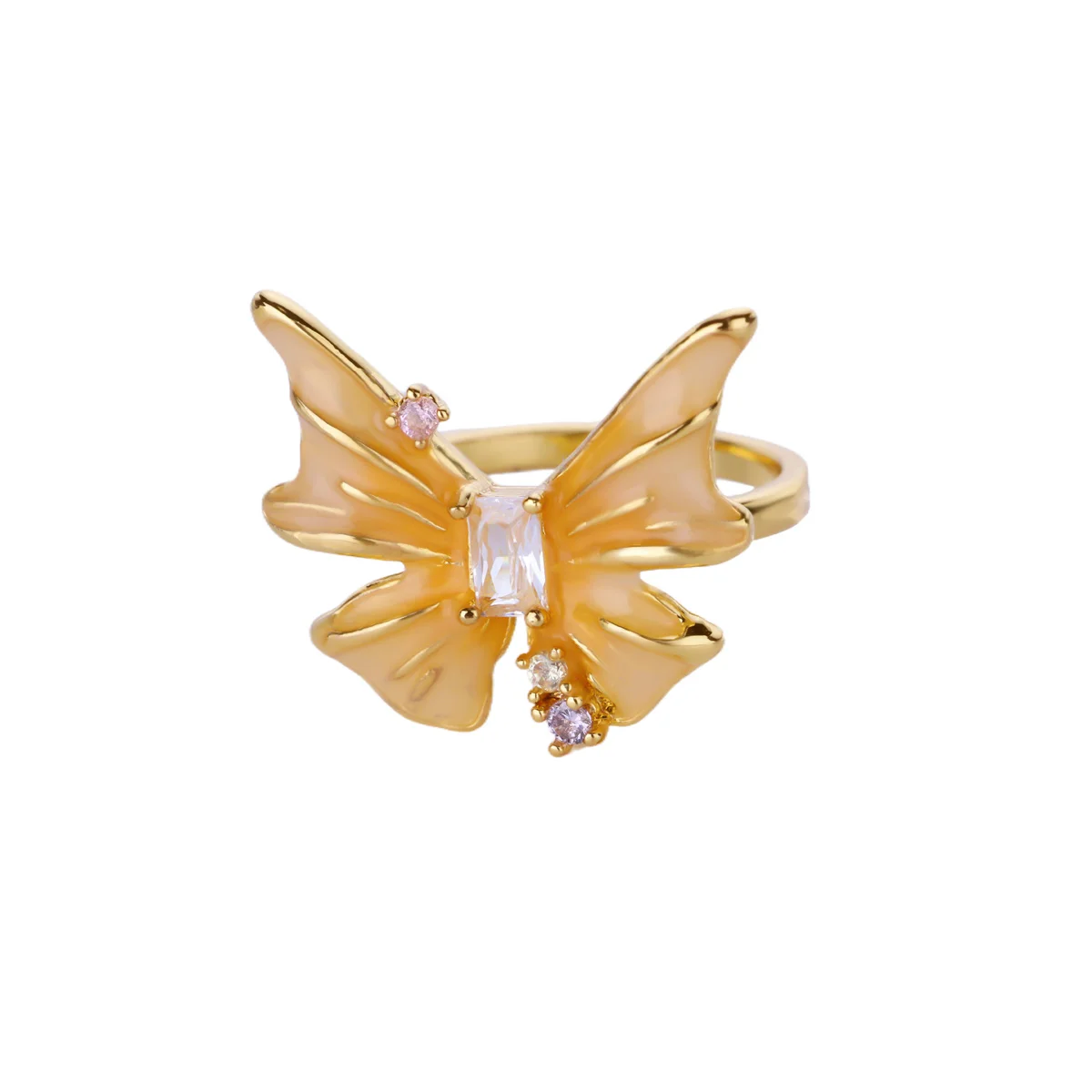 Glam Butterfly Open Ring For Women In Copper With 18K Gold Plating And Zircon Inlay