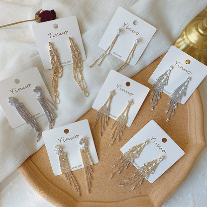 Asymmetrical Exaggerated Tassel Earrings For Women In Golden Metal With Zircon Inlay