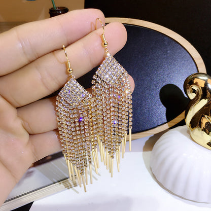 Asymmetrical Exaggerated Tassel Earrings For Women In Golden Metal With Zircon Inlay