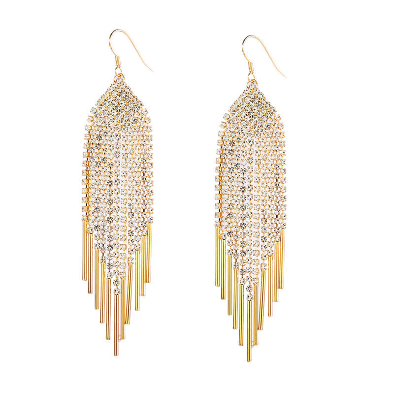 Asymmetrical Exaggerated Tassel Earrings For Women In Golden Metal With Zircon Inlay