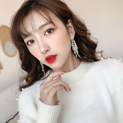 Asymmetrical Exaggerated Tassel Earrings For Women In Golden Metal With Zircon Inlay