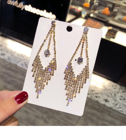 Asymmetrical Exaggerated Tassel Earrings For Women In Golden Metal With Zircon Inlay