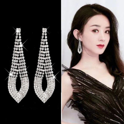 Asymmetrical Exaggerated Tassel Earrings For Women In Golden Metal With Zircon Inlay