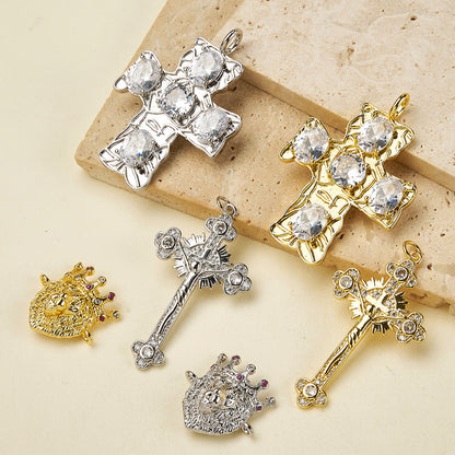 Cross Pendant Copper With 18K Gold Plated And Zircon Inlay, 0.05-0.08µm Thickness, 1 Pc