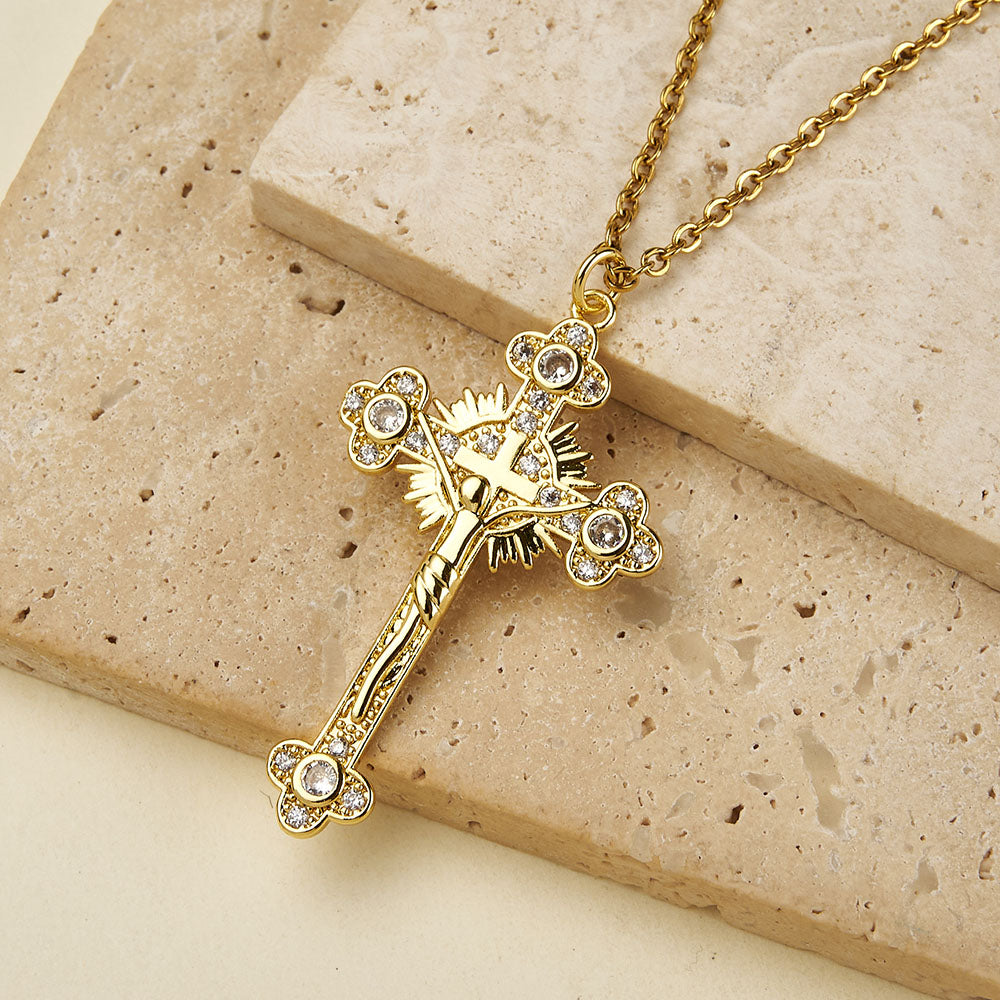 Cross Pendant Copper With 18K Gold Plated And Zircon Inlay, 0.05-0.08µm Thickness, 1 Pc