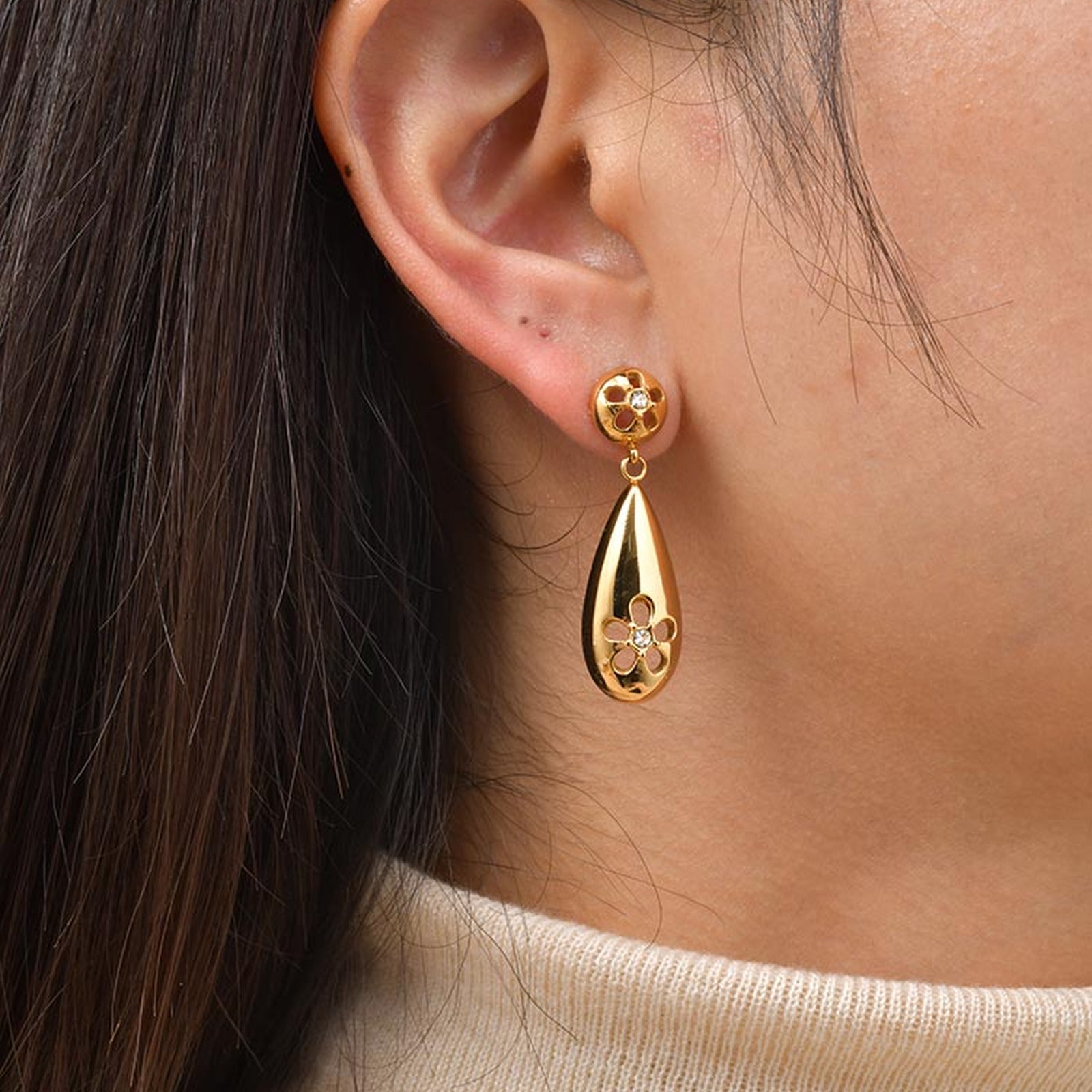 Solid Color Earrings For Women In IG Style, Made Of 304 Stainless Steel With 18K Real Gold Plating And Zircon Inlay