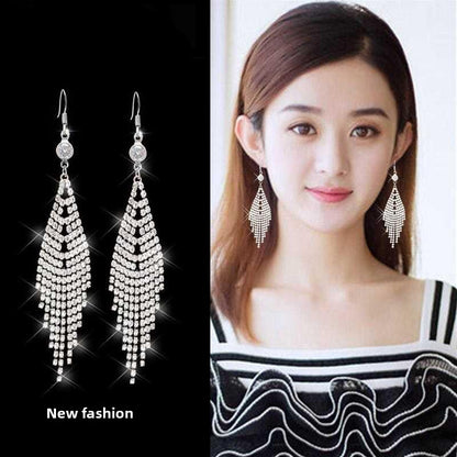 Asymmetrical Exaggerated Tassel Earrings For Women In Golden Metal With Zircon Inlay