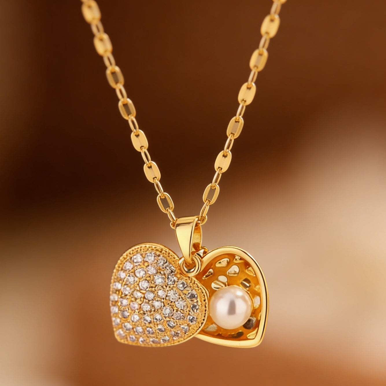 Cute Heart Shape Pendant Necklace For Women Featuring 304 Stainless Steel With 18K Real Gold Plated And Glass Inlay On Lip Chain
