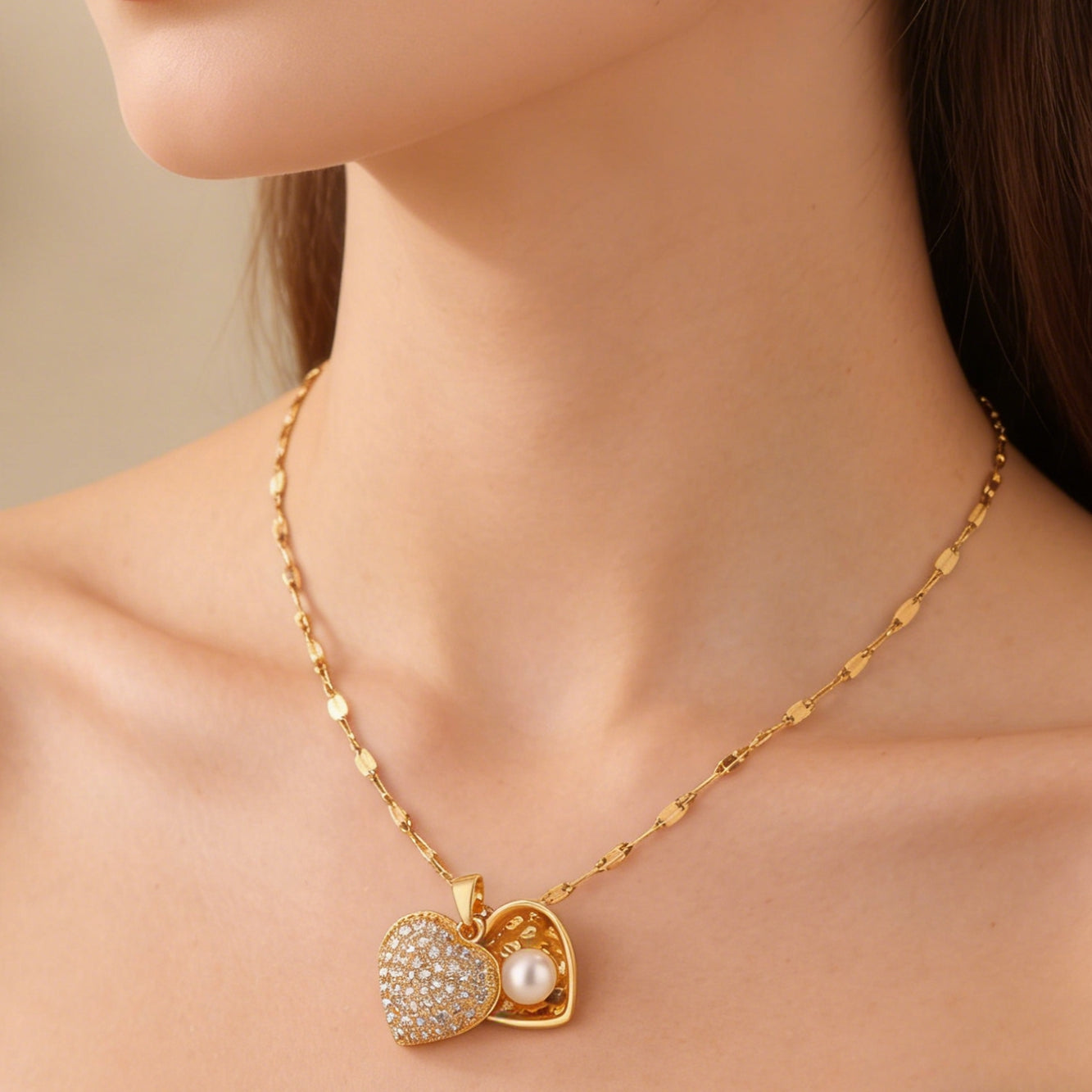 Cute Heart Shape Pendant Necklace For Women Featuring 304 Stainless Steel With 18K Real Gold Plated And Glass Inlay On Lip Chain