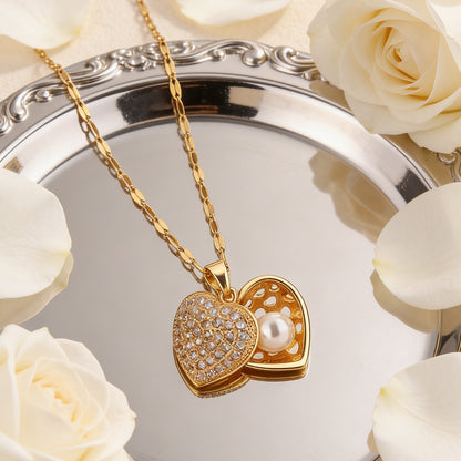 Cute Heart Shape Pendant Necklace For Women Featuring 304 Stainless Steel With 18K Real Gold Plated And Glass Inlay On Lip Chain