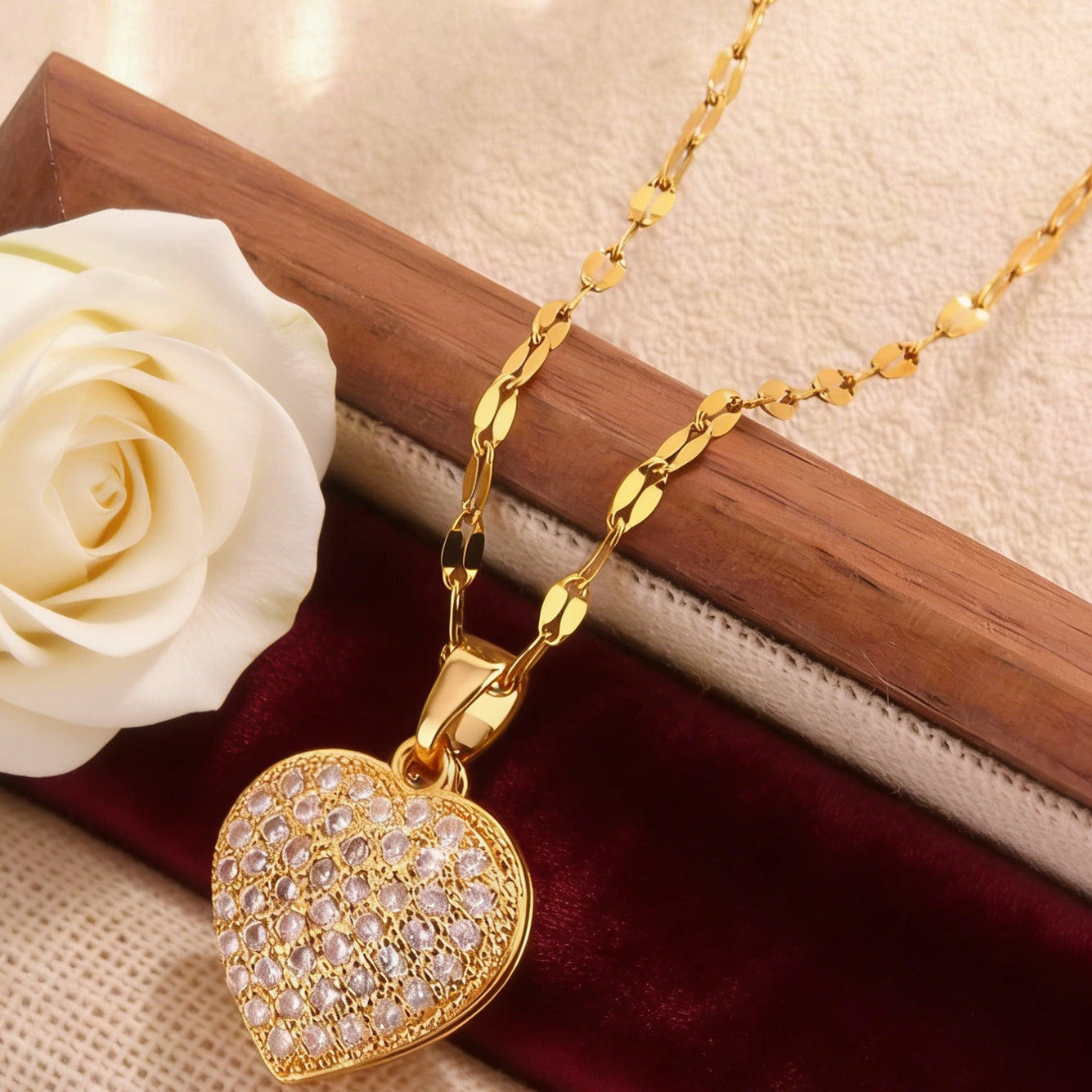 Cute Heart Shape Pendant Necklace For Women Featuring 304 Stainless Steel With 18K Real Gold Plated And Glass Inlay On Lip Chain