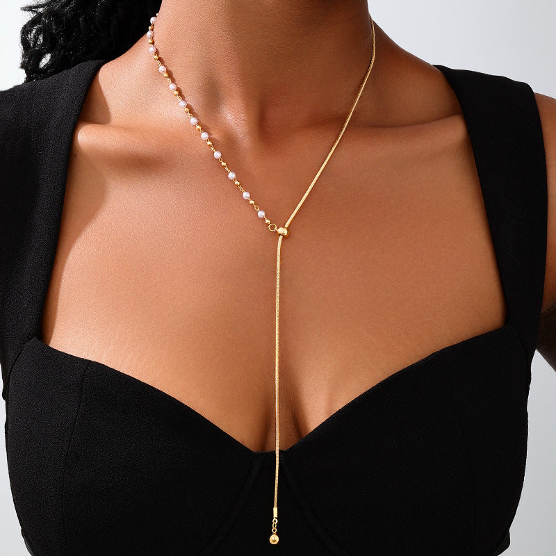 Golden Alloy Circle Earrings For Women With Imitation Pearl Inlay And Adjustable Slider Chain, Perfect For Banquet