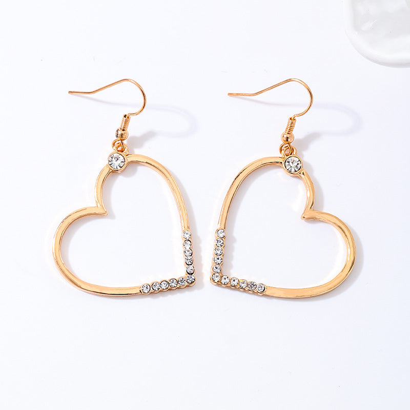 Heart Shape Drop Earrings For Women In Golden Alloy With Rhinestones, Perfect For Date Occasion