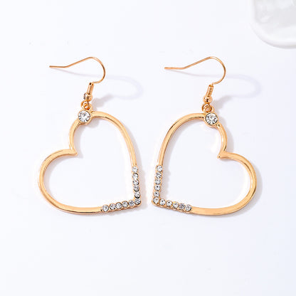 Heart Shape Drop Earrings For Women In Golden Alloy With Rhinestones, Perfect For Date Occasion