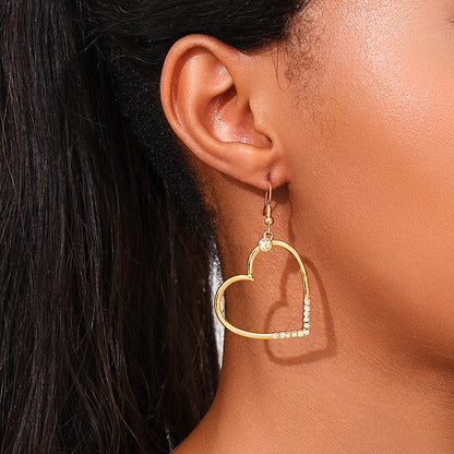 Heart Shape Drop Earrings For Women In Golden Alloy With Rhinestones, Perfect For Date Occasion
